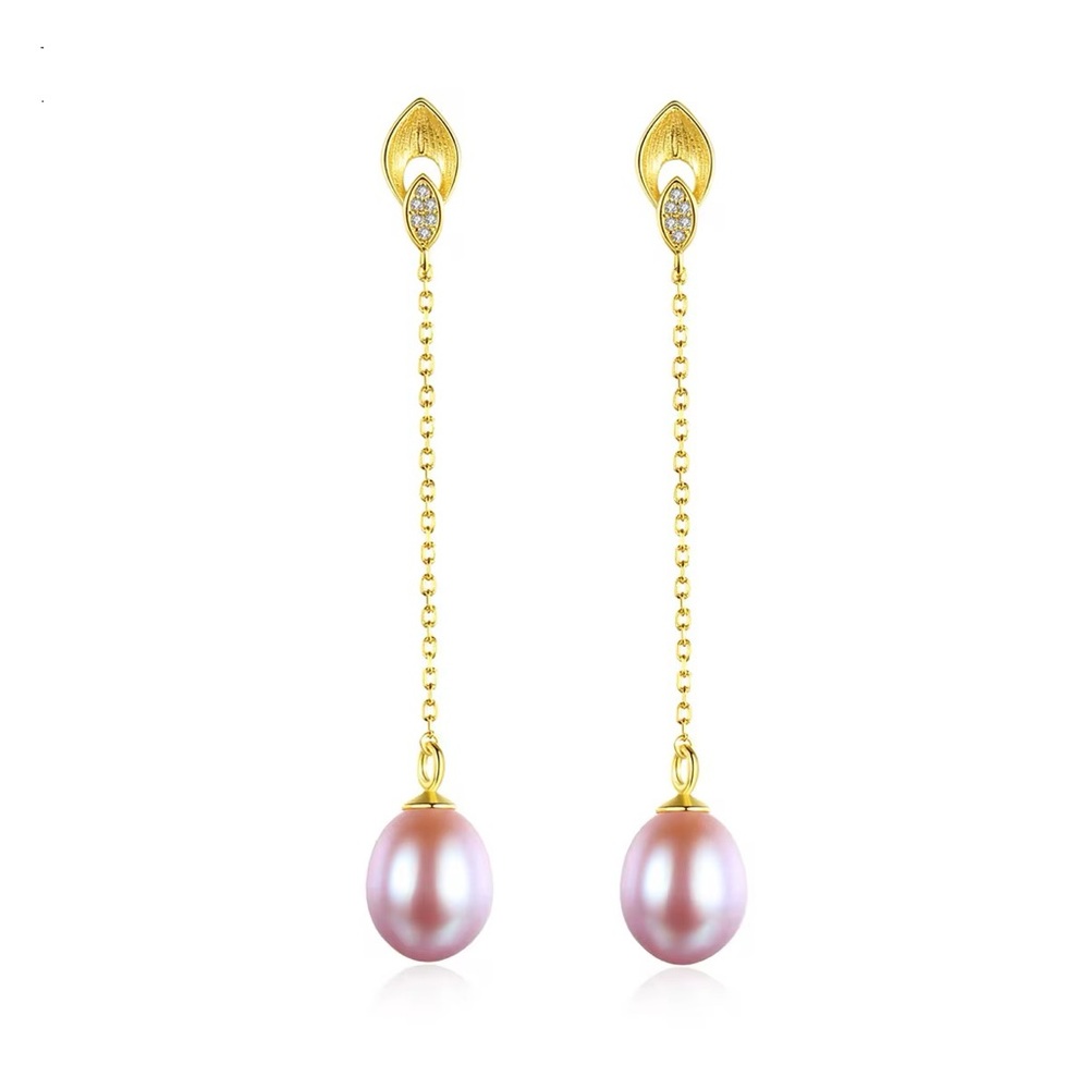 •Dainty S925 Silver 18K Gold Plated Link Chain Drop Natural Pearl Earrings
